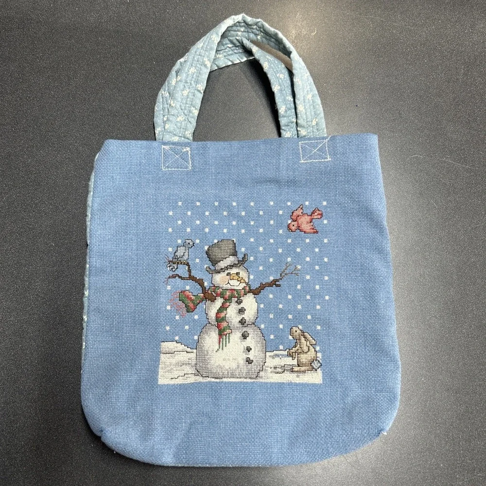 Finished Cross Stitch Country Christmas Snowmen Vintage Tote Bag